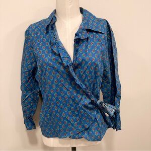 LAUREN RALPH LAUREN Vintage Floral Ruffle Wrap Collar Top Blue Cotton Size Large